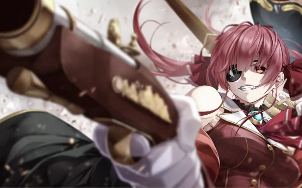 Houshou Marine from hololive, depicted in an HD anime-style digital artwork as a Virtual YouTuber, holding a musket with a confident expression.