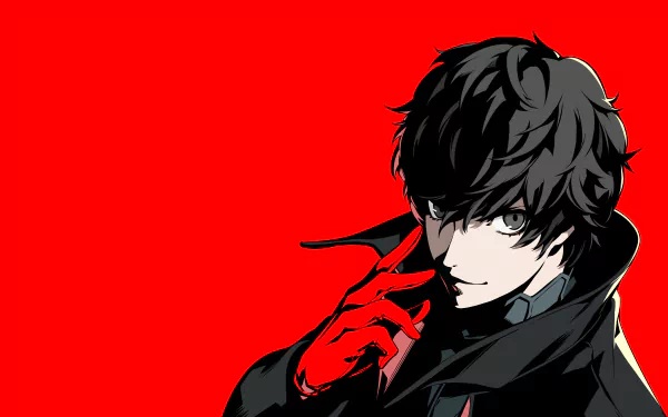 4K Ultra HD wallpaper featuring the Protagonist from the video game Persona 5 Royal against a bold red background.