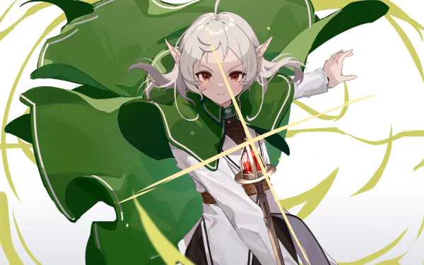 Sylphiette from Mushoku Tensei in a flowing green cloak, summoning swirling wind — anime 2K Quad HD PC desktop wallpaper.