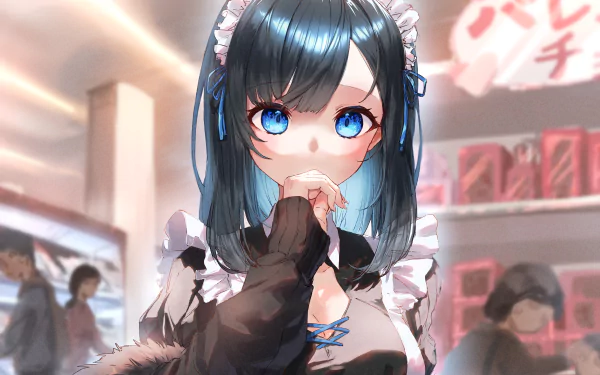 Anime girl in a detailed maid outfit with bright blue eyes, rendered in 4K Ultra HD, serving as a vibrant PC desktop wallpaper and background.