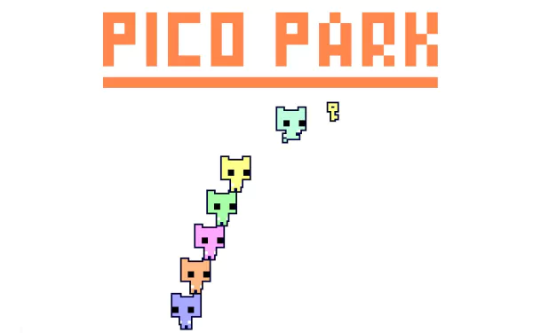 HD wallpaper featuring pixel art from PICO PARK game with colorful characters stacked for desktop background.