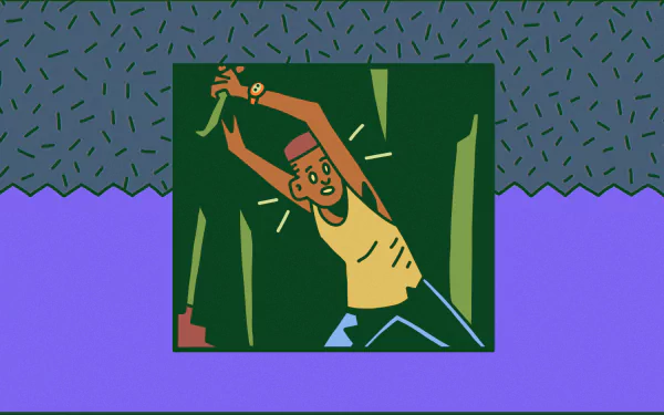 Cartoon-style HD desktop wallpaper featuring a person trying to push against the edges of a green framed box, with a stylized purple patterned background, tagged with Grounded.