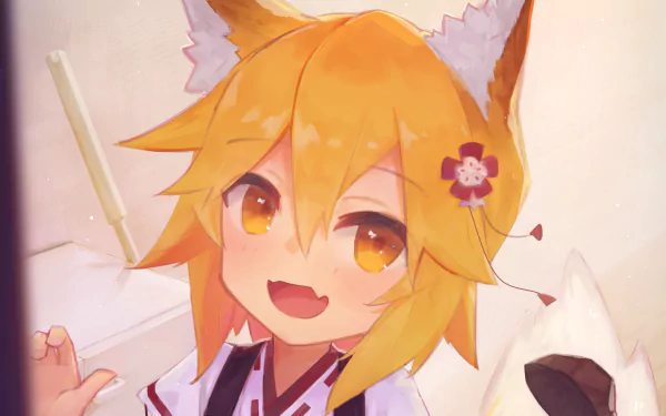HD PC desktop wallpaper of Senko-san (The Helpful Fox Senko-san), an anime fox-girl with golden hair, fox ears, a floral hairpin and a warm, playful smile.