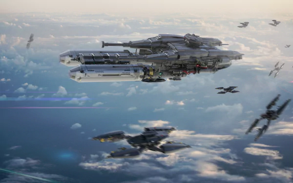 HD desktop wallpaper featuring Star Atlas spacecraft and fleet with a dynamic sky background.