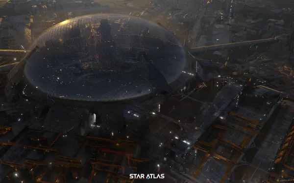 HD desktop wallpaper featuring a futuristic cityscape from Star Atlas with a prominent dome structure.