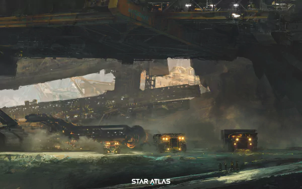 HD Star Atlas themed desktop wallpaper featuring futuristic spacecraft and industrial structures in a sci-fi setting.