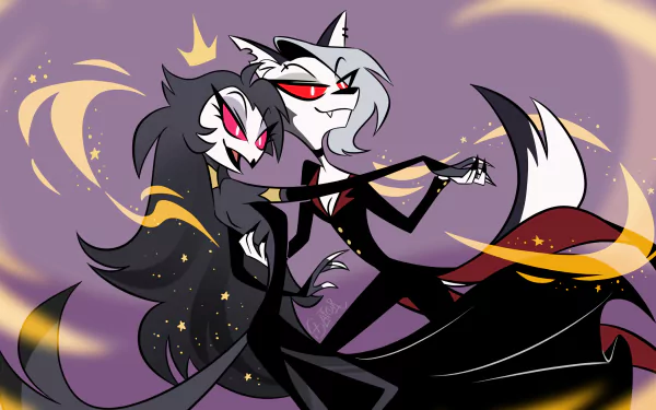 HD PC desktop wallpaper of Octavia and Loona from the TV show Helluva Boss, posed back-to-back in a stylized, dynamic scene with swirling purple and gold accents.