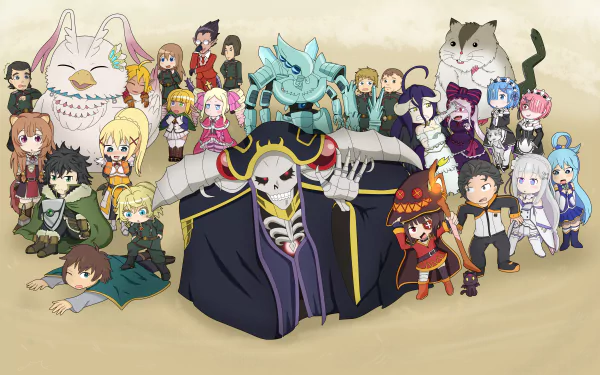 Anime-style 4K Ultra HD PC desktop wallpaper featuring chibi characters from Isekai Quartet in a vibrant group pose.