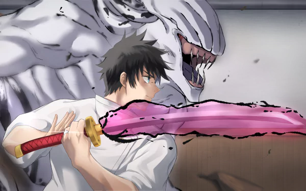 Yuta Okkotsu from Jujutsu Kaisen wields a glowing pink sword with a menacing white curse spirit behind him in this 4K Ultra HD anime desktop wallpaper.