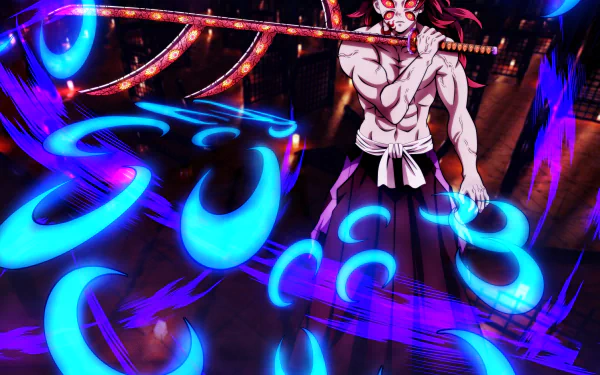Kokushibo from Demon Slayer: Kimetsu no Yaiba depicted with glowing blue energy, featured in a vibrant 4K Ultra HD anime desktop wallpaper.