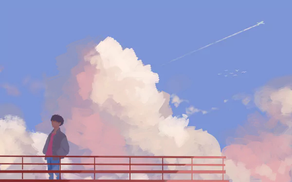 HD PC desktop wallpaper featuring J-Hope (Jung Hoseok) from BTS standing against a vibrant sky with large clouds and a faint airplane trail, capturing a serene music-inspired scene.