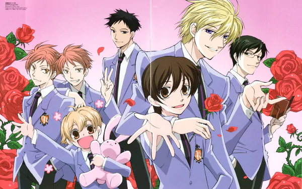 4K Ultra HD wallpaper featuring Takashi Morinozuka, Mitsukuni Haninozuka, Kyoya Ootori, Haruhi Fujioka, Kaoru and Hikaru Hitachiin, and Tamaki Suoh from Ouran High School Host Club.
