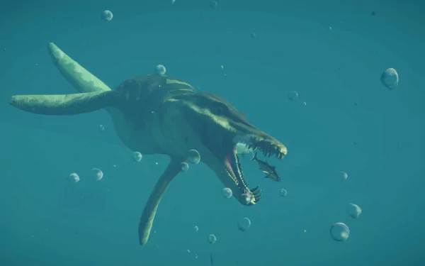 Underwater scene from Jurassic World Evolution 2 featuring a large, prehistoric marine reptile surrounded by bubbles, displayed as an HD PC desktop wallpaper.
