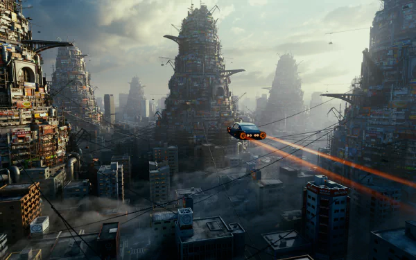 A futuristic sci-fi cityscape featuring towering structures and flying vehicles, this HD wallpaper captures a vibrant, otherworldly urban environment.
