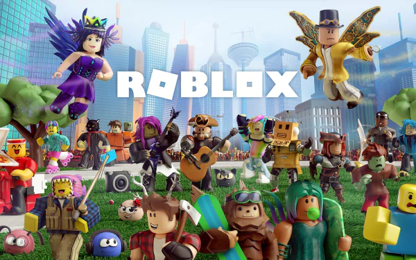 HD PC desktop wallpaper featuring colorful Roblox characters in a vibrant cityscape, showcasing the popular video game’s diverse avatars and dynamic environment.