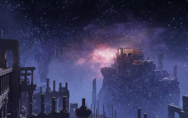 HD PC desktop wallpaper featuring a mysterious cave scene from the video game Elden Ring, with illuminated ruins under a starry, cosmic sky.