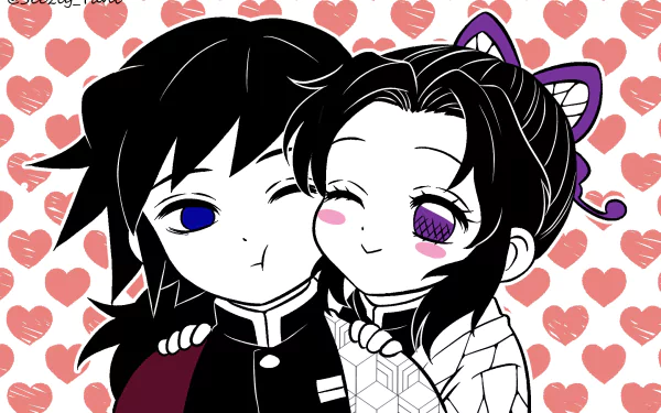 HD PC desktop wallpaper featuring Giyuu Tomioka and Shinobu Kochou from the anime Demon Slayer: Kimetsu no Yaiba, with a heart-patterned background.