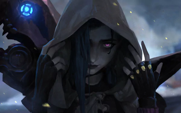 A detailed HD wallpaper featuring Jinx from League of Legends, set against a dramatic background inspired by the TV show Arcane. The character exudes a captivating, edgy vibe.