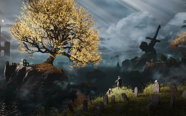 HD PC desktop wallpaper from the video game Elden Ring featuring a glowing golden tree, a lone warrior, and a dramatic, cloudy sky over a rugged landscape.
