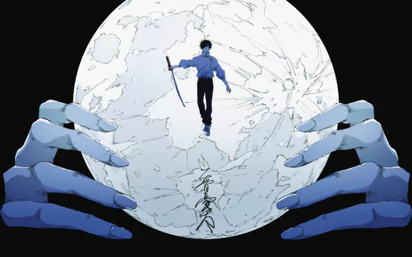 HD PC desktop wallpaper featuring Yuta Okkotsu from the anime Jujutsu Kaisen, standing on a cracked moon held by large blue hands against a black background.