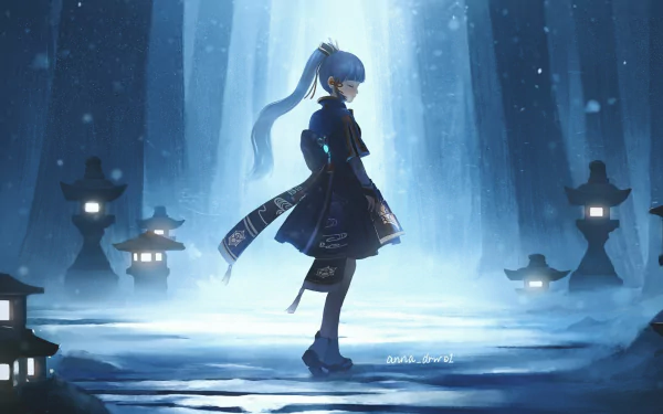 HD desktop wallpaper featuring Kamisato Ayaka from Genshin Impact in a serene snowy landscape with glowing lanterns.
