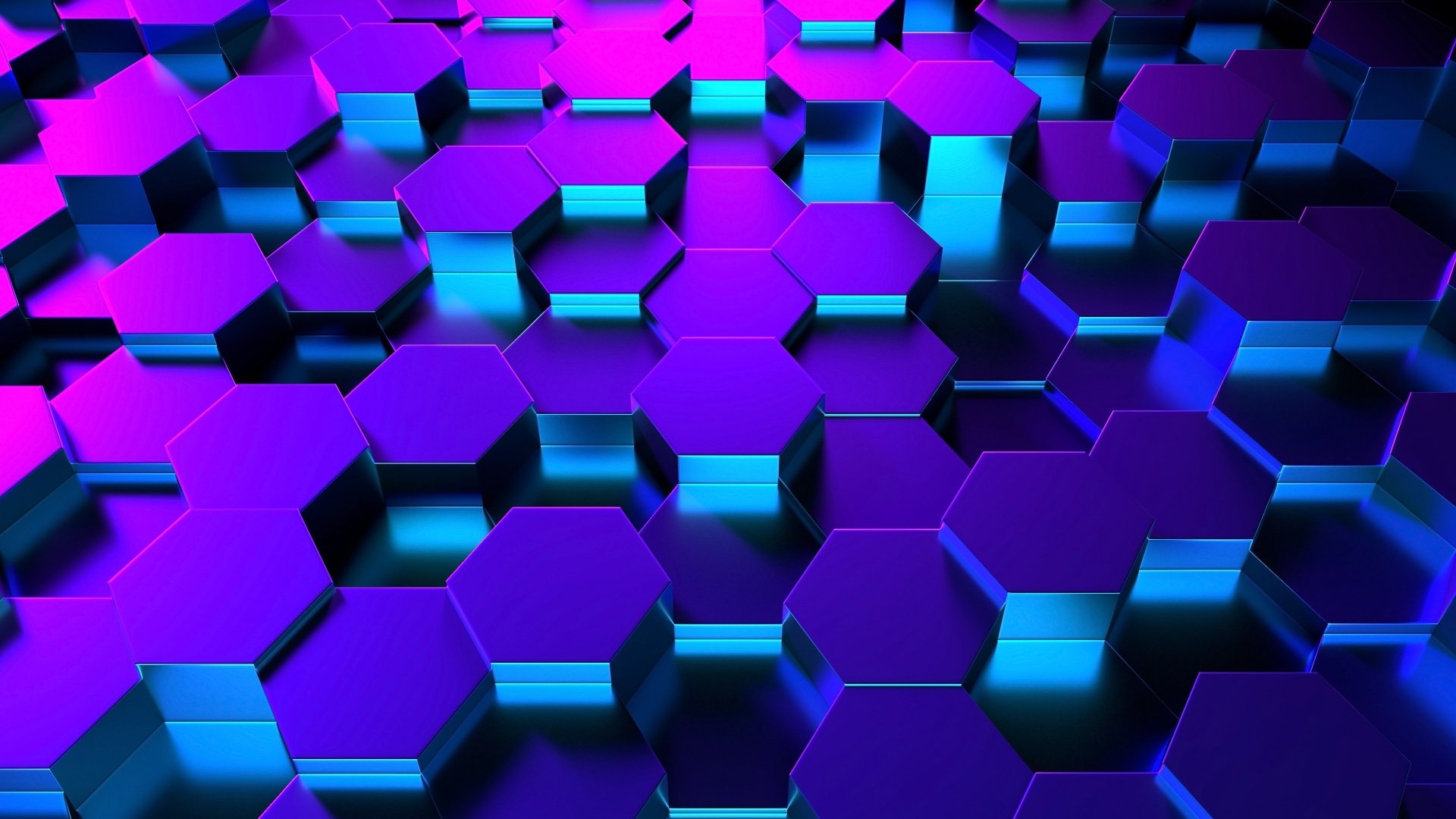 3D abstract hexagon pattern in vibrant purple and cyan, layered geometric shapes with glossy depth — 4K Ultra HD PC desktop wallpaper and background.