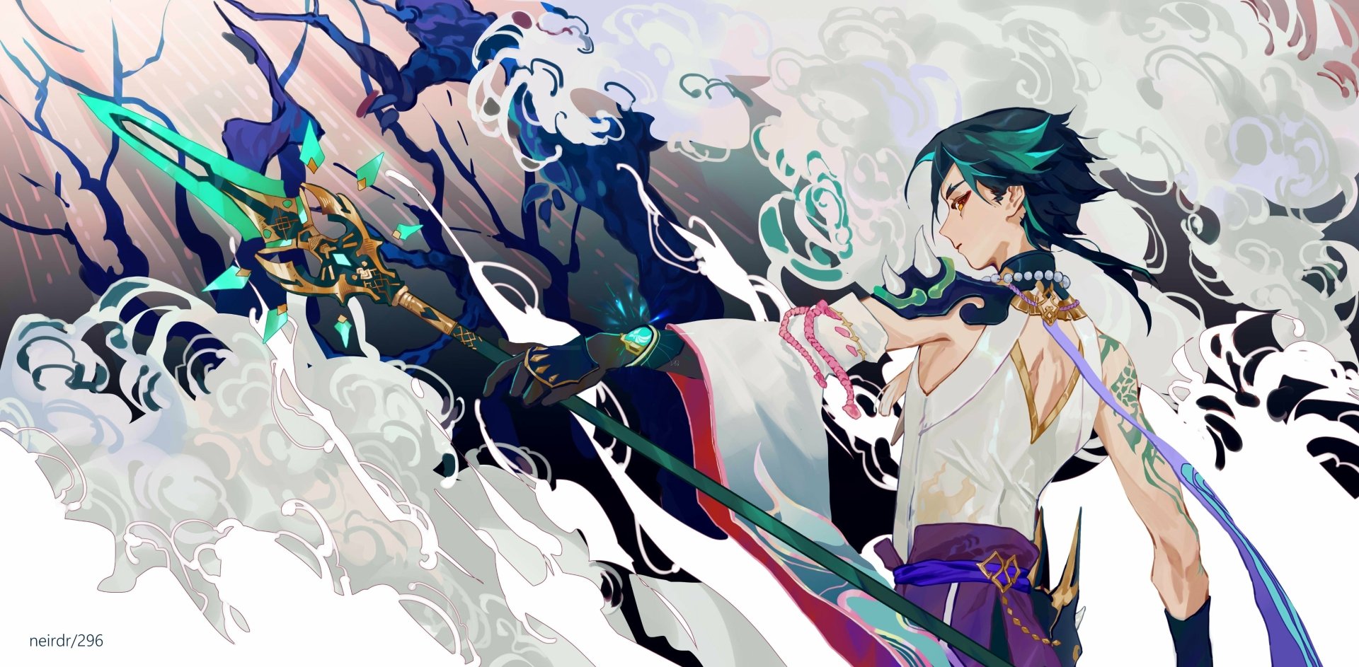 Xiao (Genshin Impact) wielding his polearm amid teal-and-white swirling energy — 2K Quad HD PC desktop wallpaper/background, video game art.