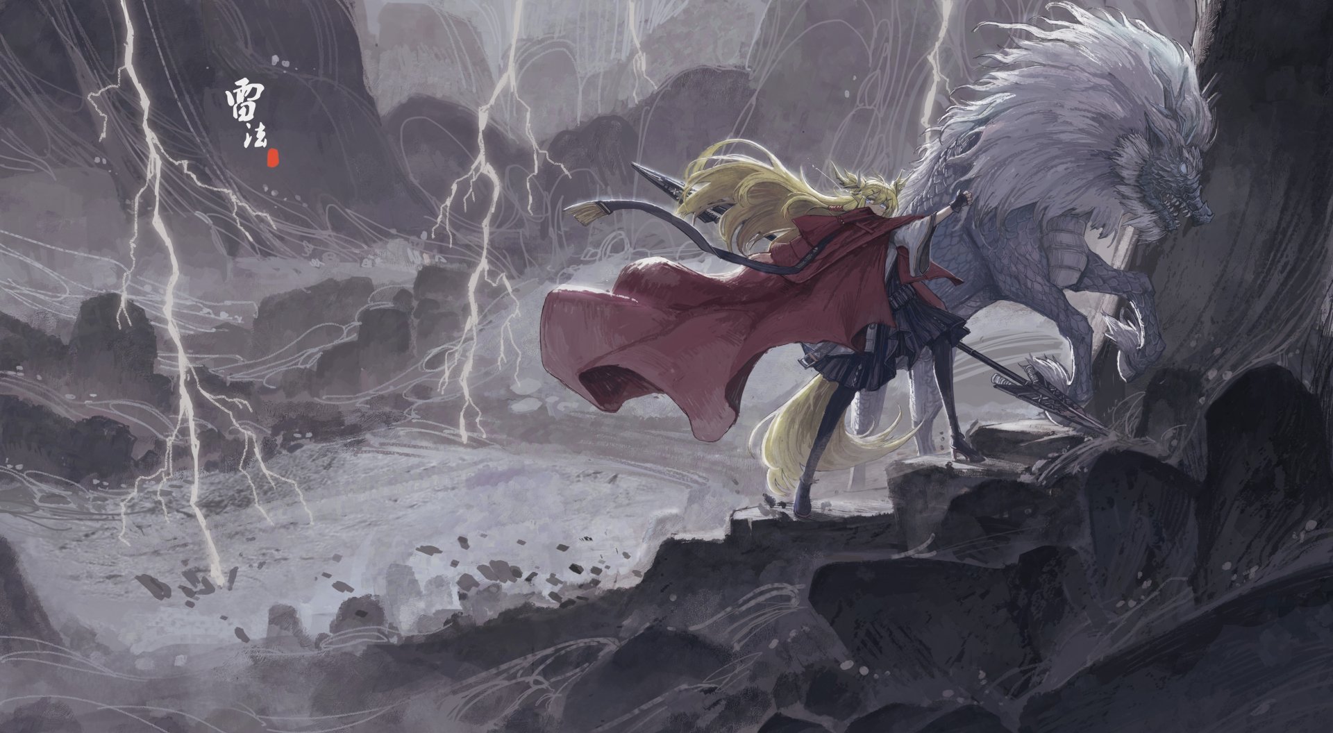 Leizi (Arknights) from the video game Arknights stands on a stormy cliff with a large white wolf, red cloak billowing amid lightning — 5K Ultra HD PC desktop wallpaper/background.