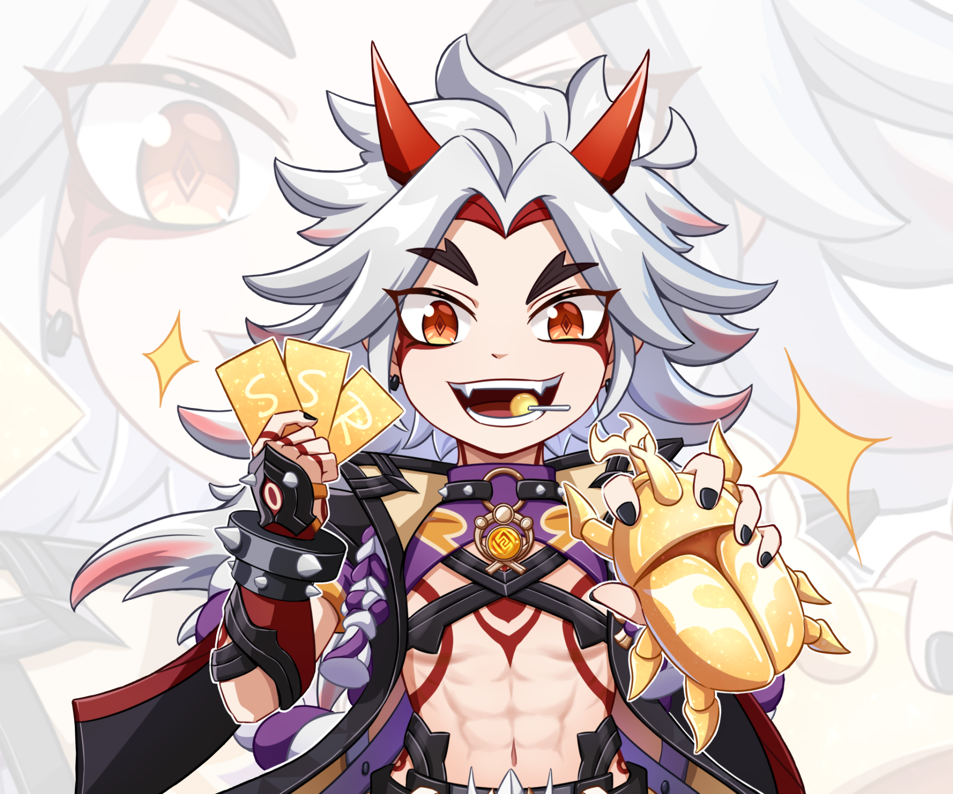 Chibi Arataki Itto from Genshin Impact grinning, holding gold cards and a golden gauntlet — vibrant HD PC desktop wallpaper/background.