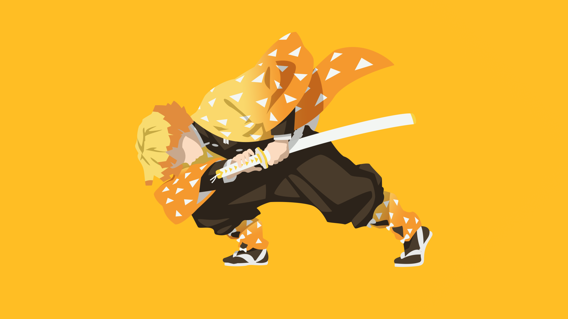 Minimalist anime 5K Ultra HD PC wallpaper of Zenitsu Agatsuma from Demon Slayer: Kimetsu no Yaiba, crouched in a lightning-ready stance with sword on a bold yellow background.