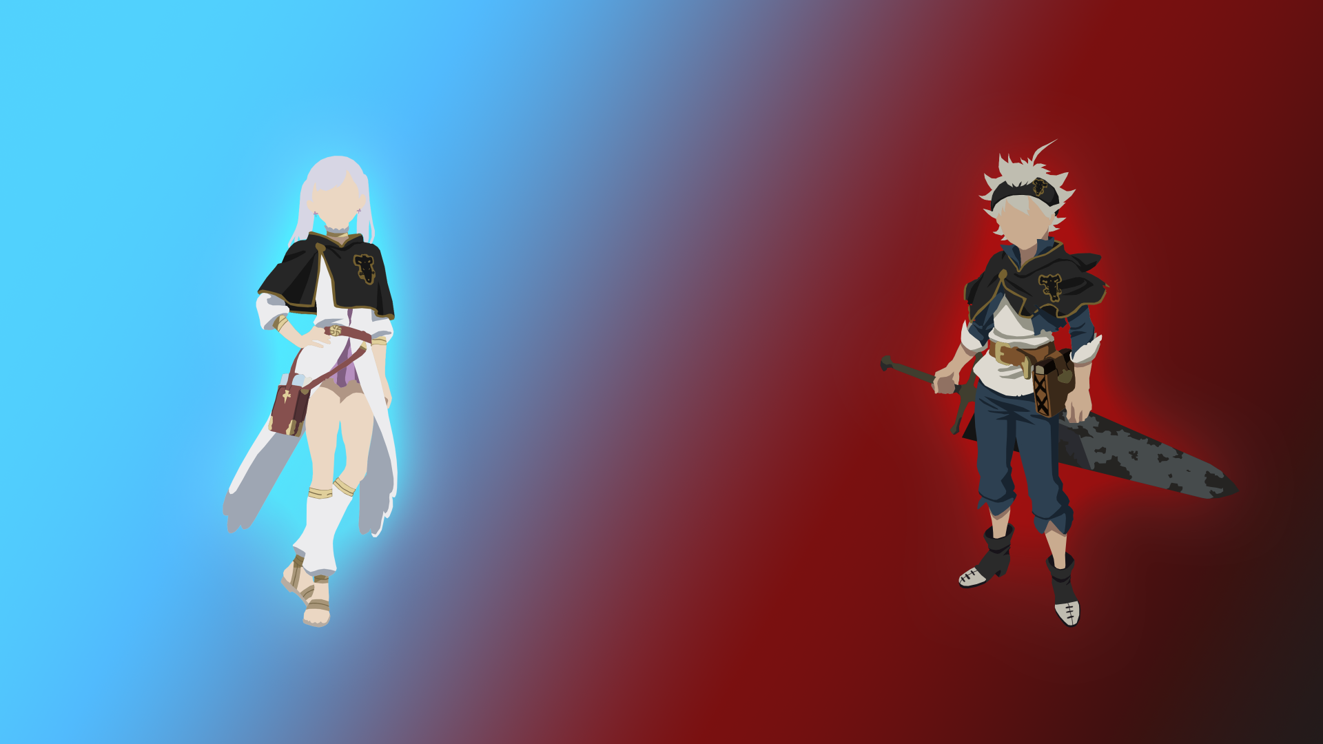 Minimalist anime 4K Ultra HD PC desktop wallpaper: Asta (Black Clover) and Noelle Silva rendered as simplified silhouettes facing off on a split blue-to-red background.