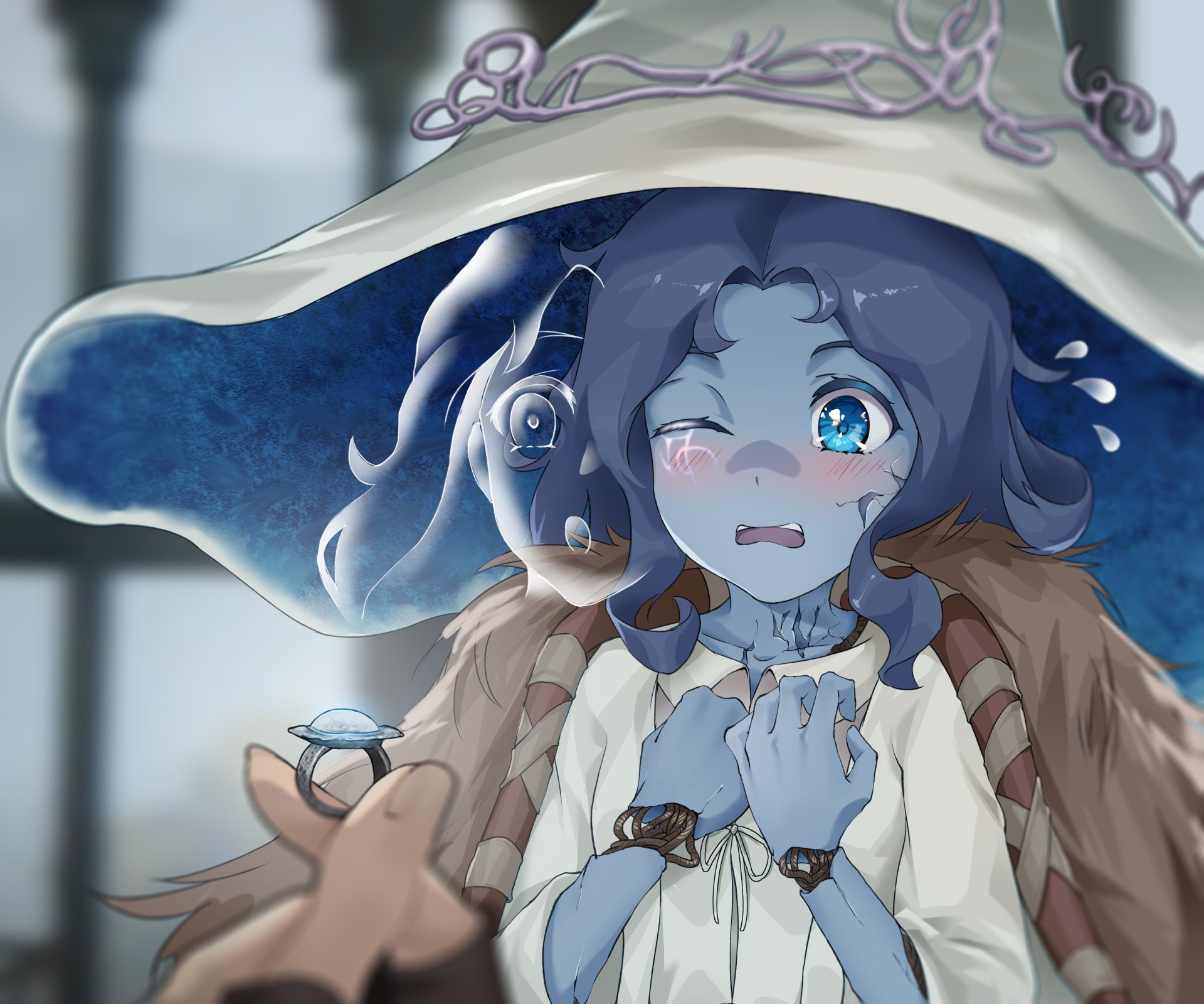 HD PC desktop wallpaper featuring Ranni the Witch from the video game Elden Ring, depicted with expressive blue eyes and her signature wide-brimmed hat.