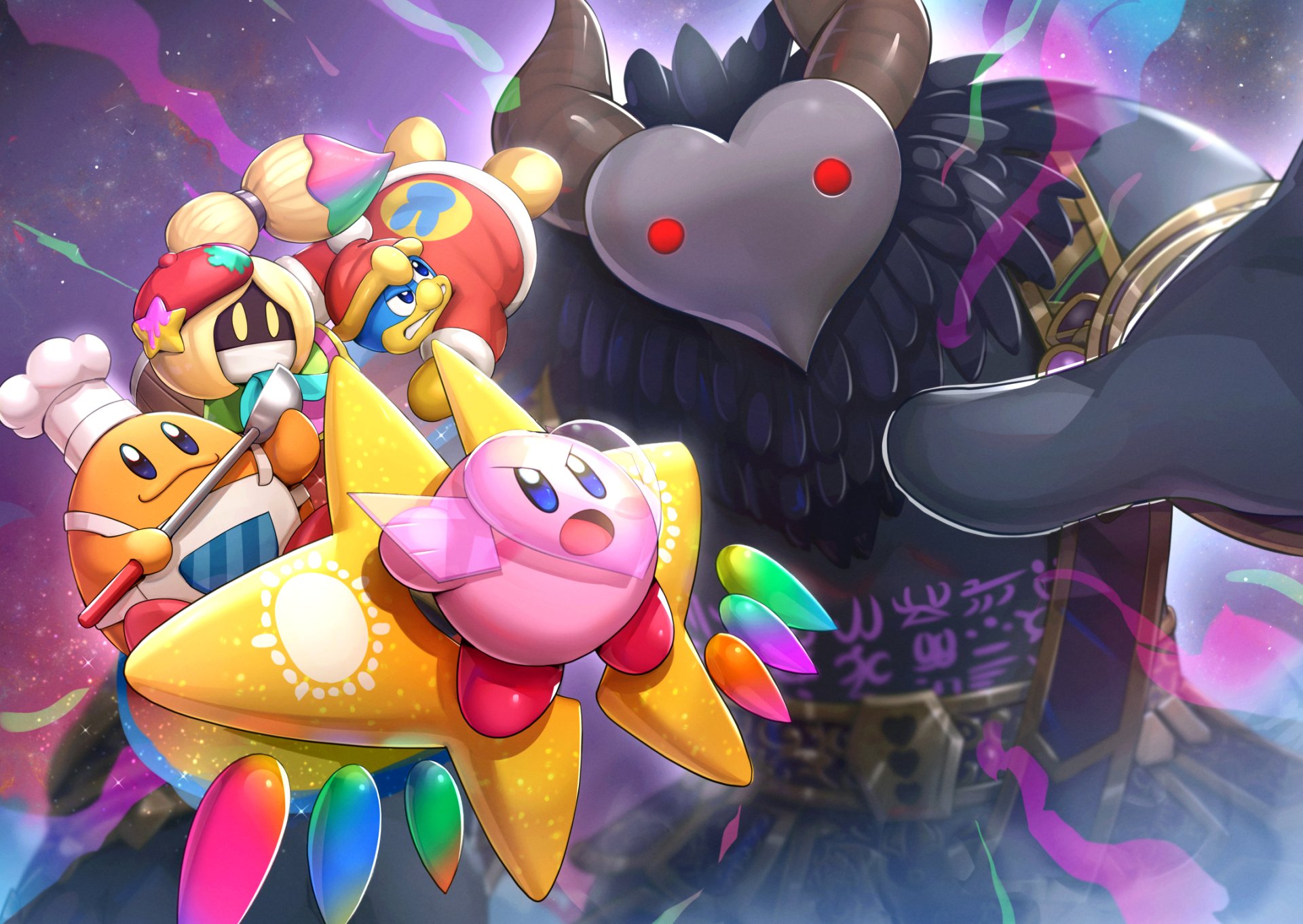 HD PC desktop wallpaper featuring Kirby and colorful characters from the video game facing a large dark, heart-shaped enemy in a vibrant, dynamic scene.