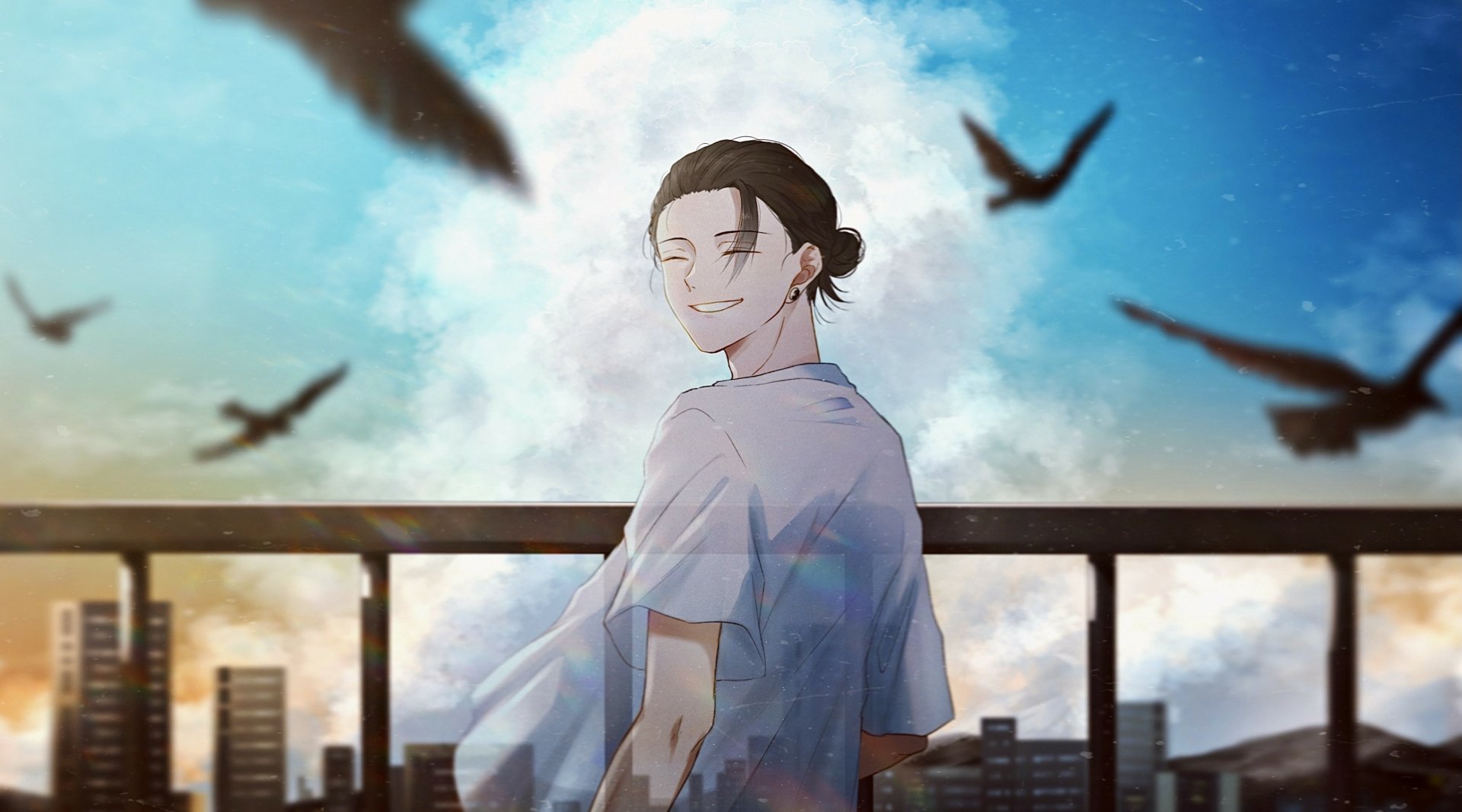 HD PC desktop wallpaper featuring Suguru Geto from the anime Jujutsu Kaisen, set against a cityscape with a glowing full moon and flying birds.