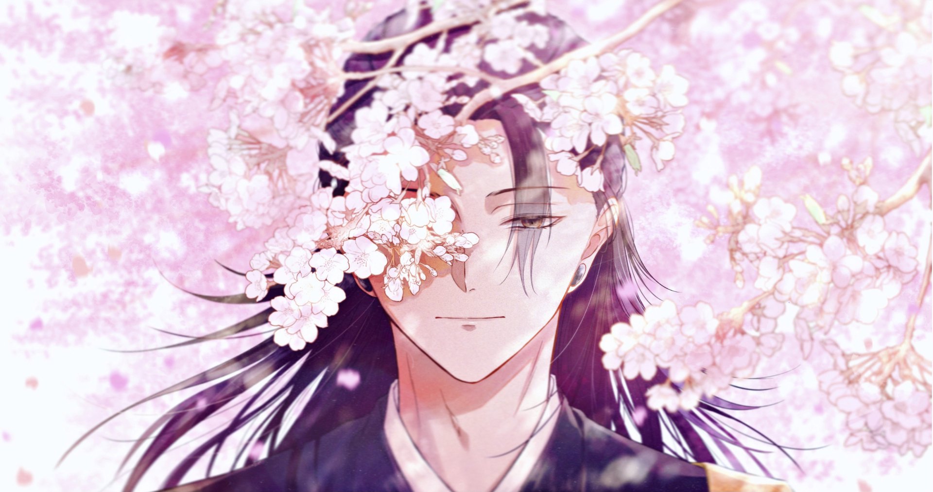 HD PC wallpaper featuring Suguru Geto from the anime Jujutsu Kaisen surrounded by delicate pink cherry blossoms.