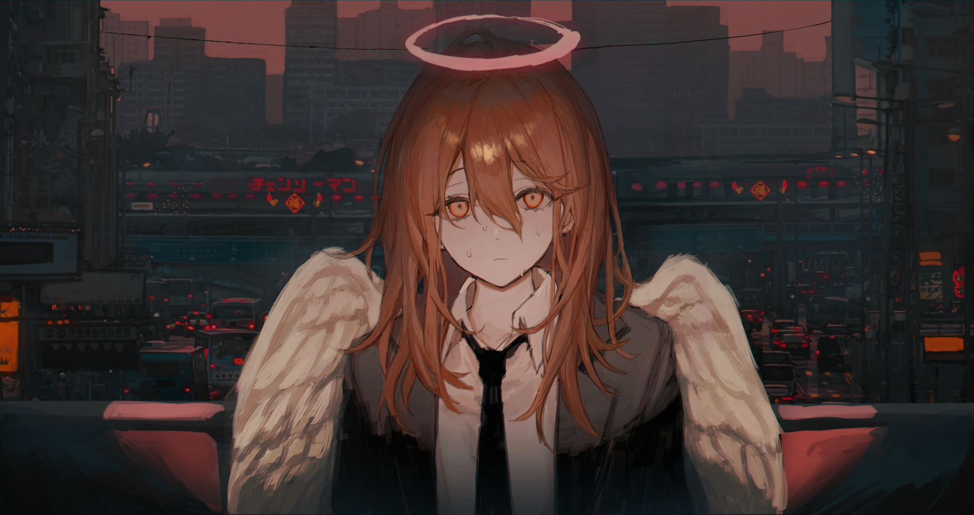 Angel Devil (Chainsaw Man) anime: haloed, winged girl with brown hair and solemn eyes against a dark city skyline — 2K Quad HD PC desktop wallpaper and background.