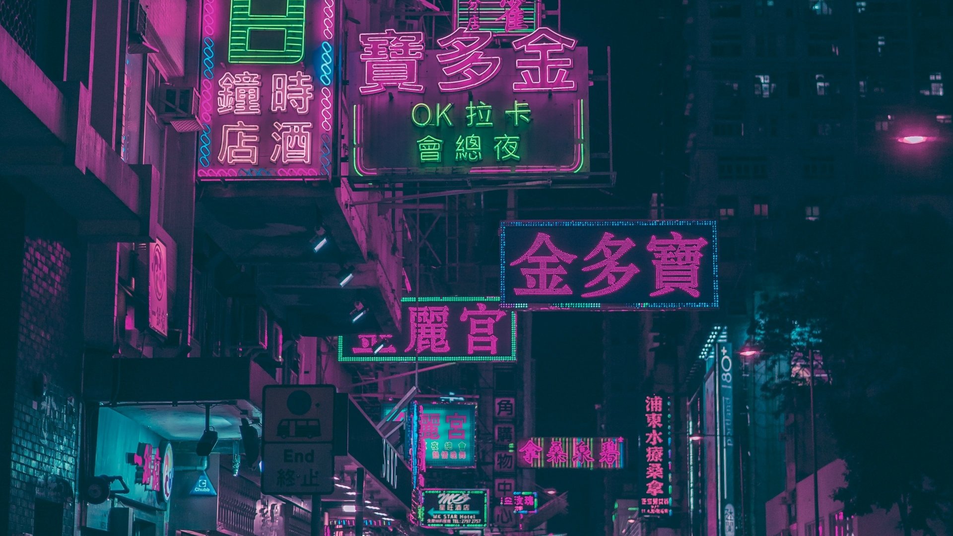 Neon-lit Hong Kong alley of overlapping Chinese signs in magenta and teal — man-made urban nightscape, 4K Ultra HD PC desktop wallpaper/background.