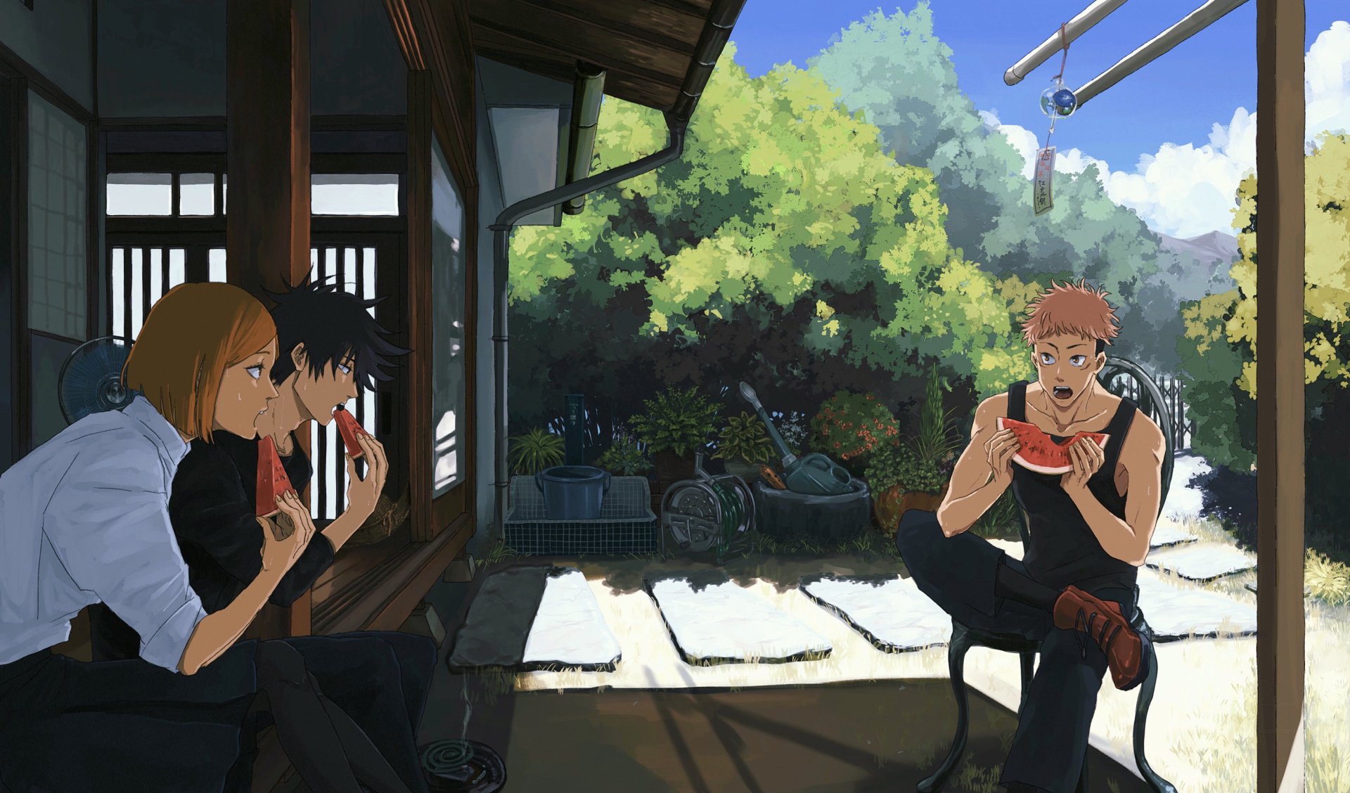 HD anime wallpaper of Yuji Itadori, Megumi Fushiguro, and Nobara Kugisaki from Jujutsu Kaisen enjoying a meal together in a peaceful outdoor setting.