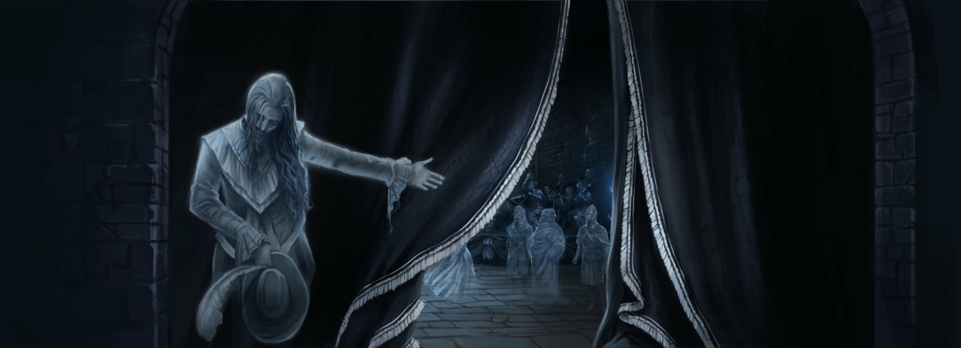 Harry Potter and the Chamber of Secrets 2K Quad HD PC wallpaper: a spectral figure pulls back heavy curtains to reveal ghostly figures gathered in a shadowy stone chamber.