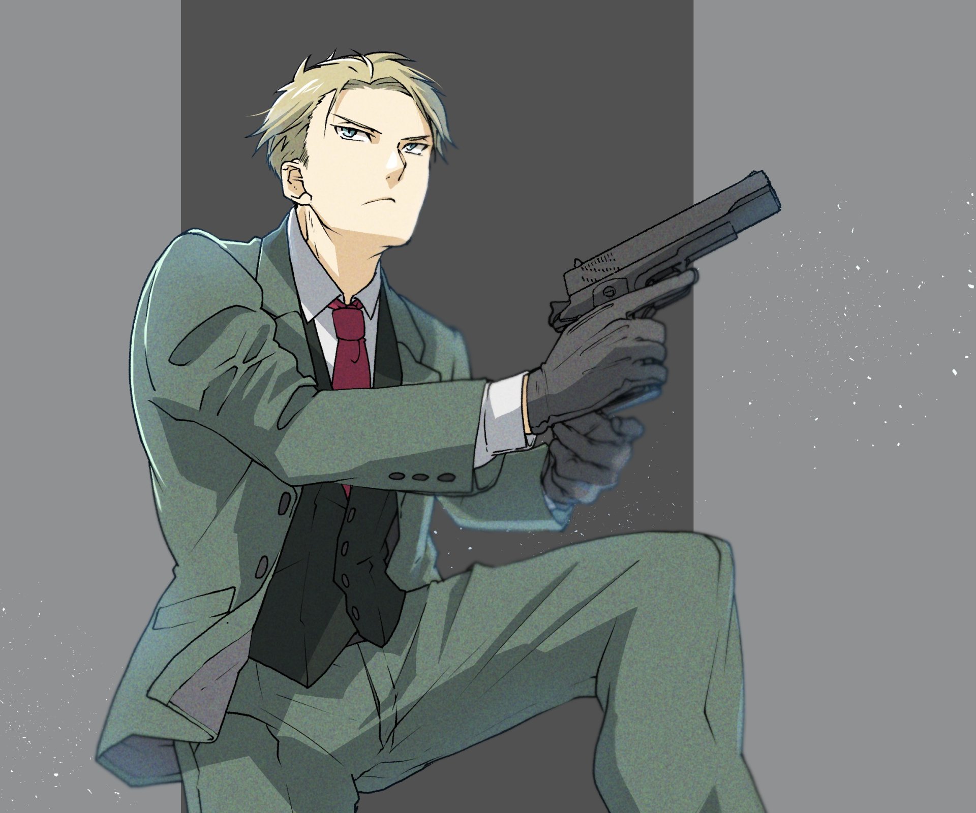 HD PC desktop wallpaper featuring Loid Forger from the anime Spy x Family, depicted in a suit aiming a pistol with a determined expression.