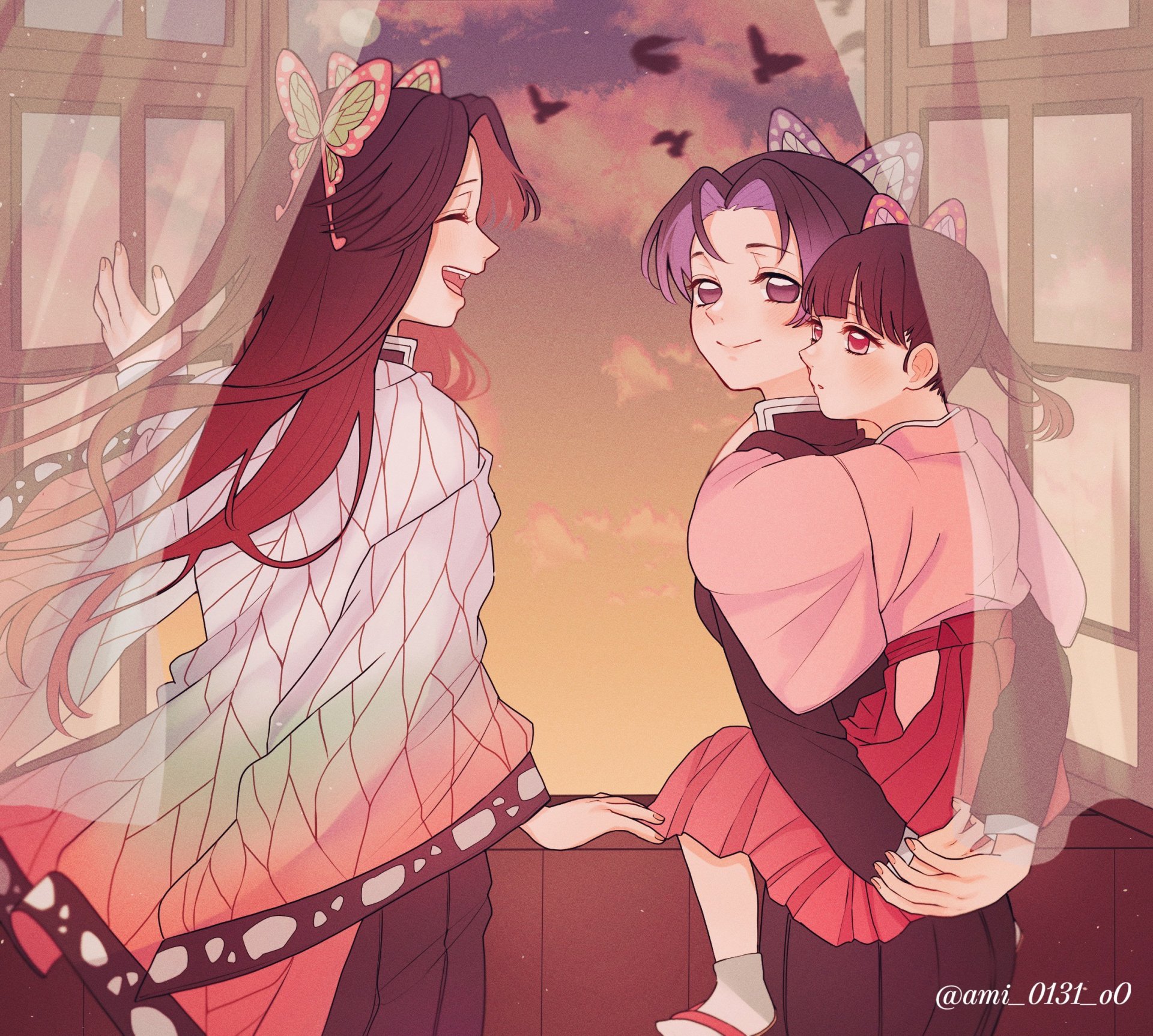 HD anime desktop wallpaper featuring Kanae Kocho, Kanao Tsuyuri, and Shinobu Kochou from Demon Slayer: Kimetsu no Yaiba in a warm, sunset scene.