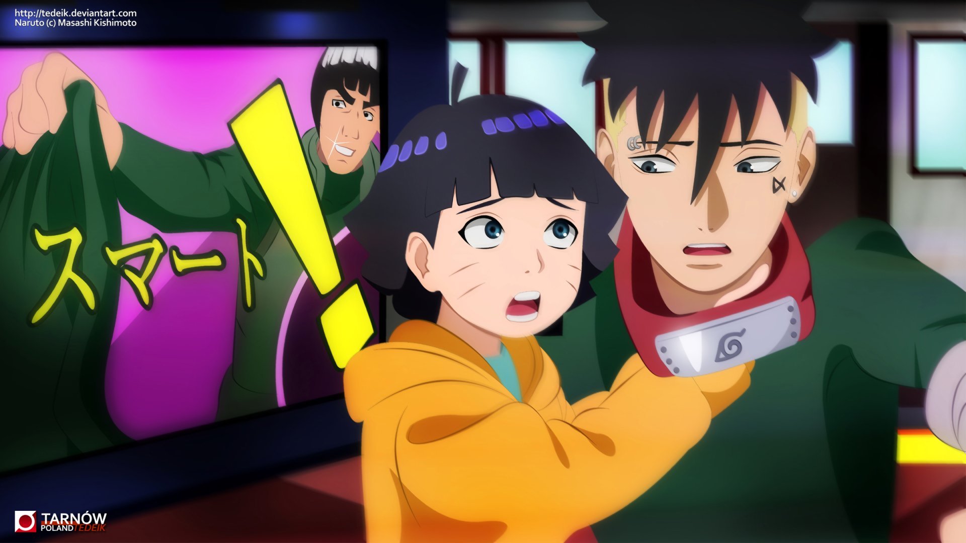 HD PC desktop wallpaper of Kawaki and Himawari Uzumaki (Boruto) — Kawaki holding a startled Himawari in an anime-style living-room scene.