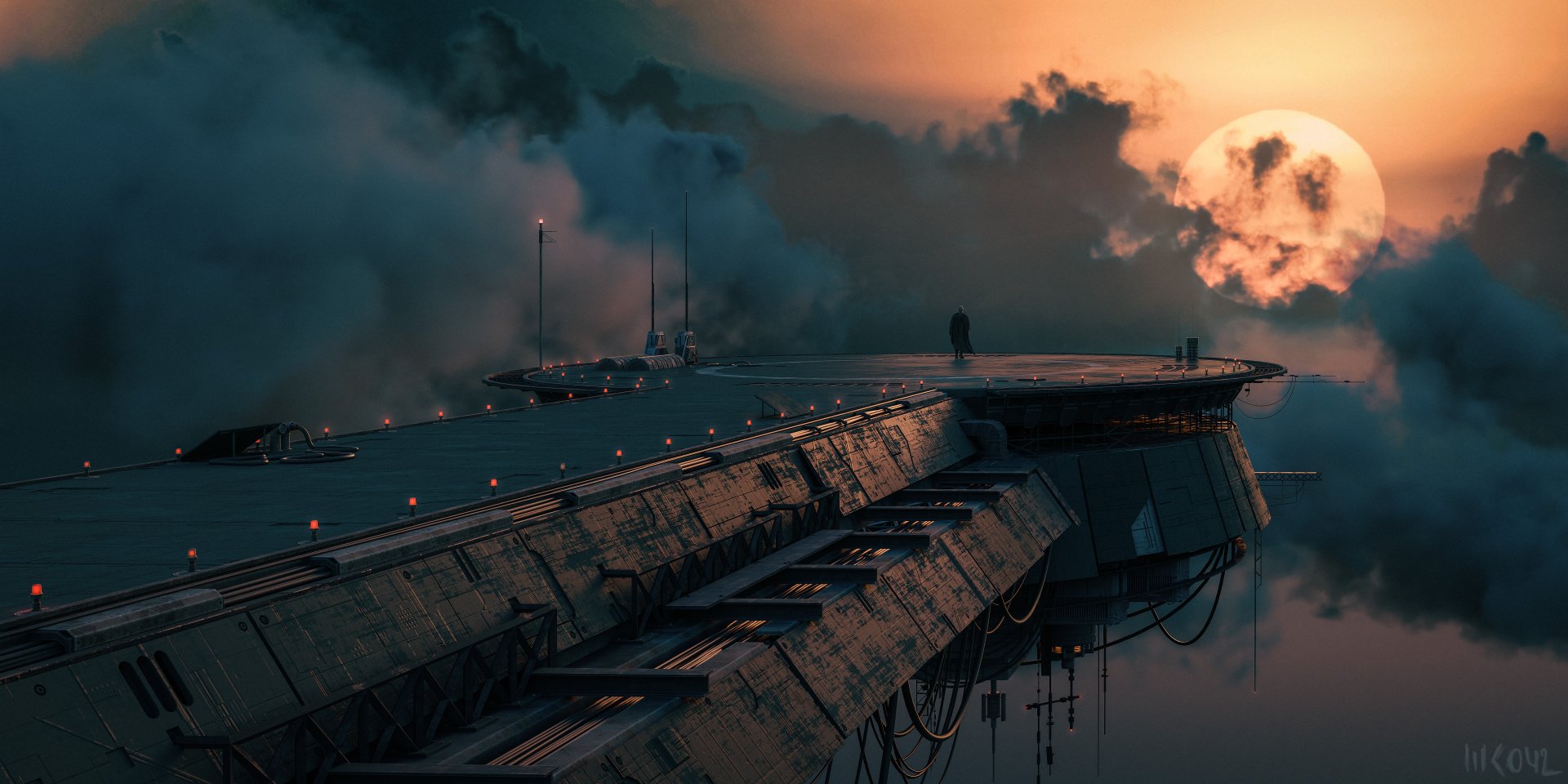 Sci-fi spaceport at dusk: a massive docking platform extends into cloud-covered skies beneath a glowing moon — 5K Ultra HD PC desktop wallpaper/background.