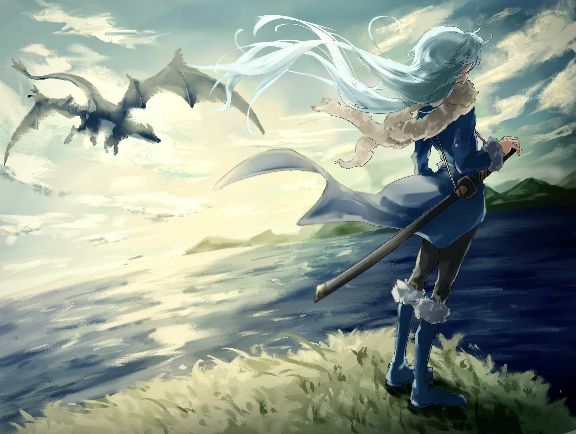A striking HD wallpaper featuring Rimuru Tempest from That Time I Got Reincarnated as a Slime, standing by a serene ocean with a dragon soaring overhead against a vibrant sky.