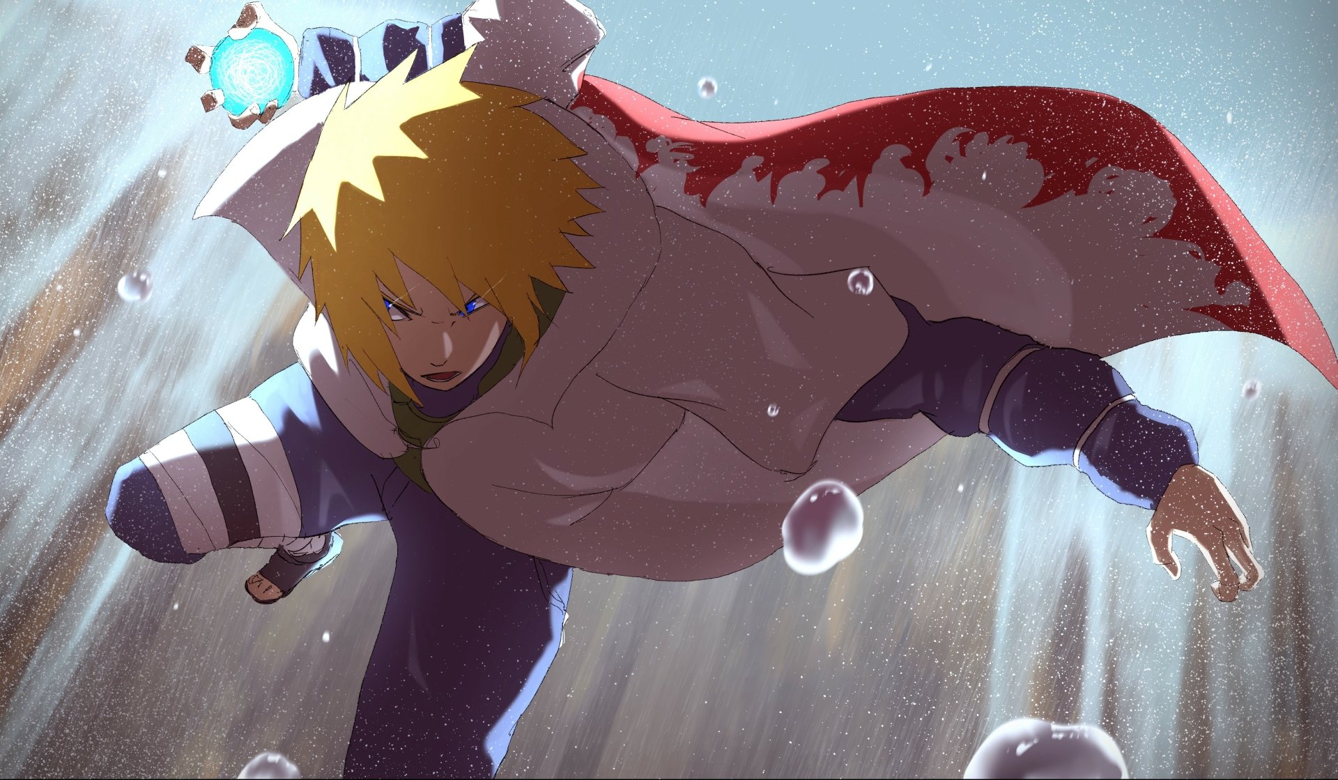 4K Ultra HD anime wallpaper featuring Minato Namikaze from Naruto, depicted in dynamic motion with glowing Rasengan and flowing cloak underwater.