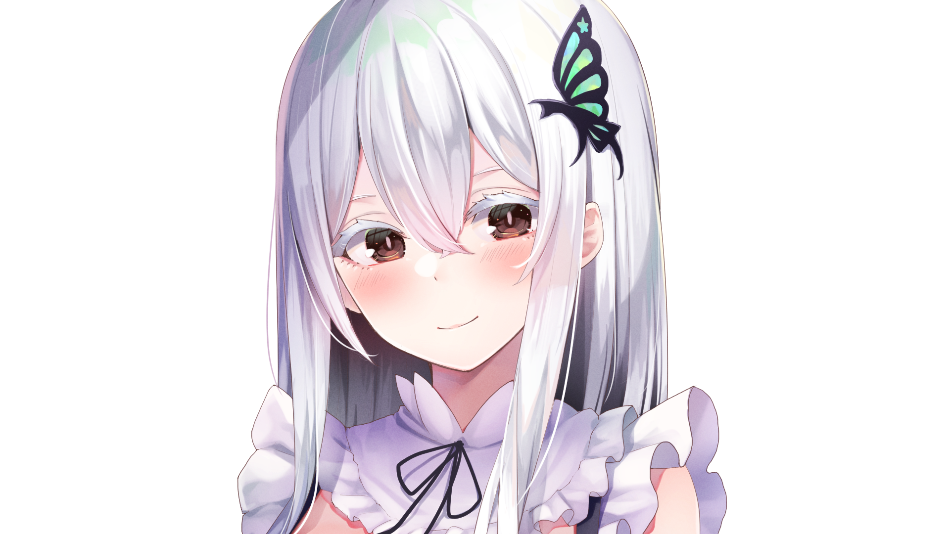 Echidna (Re:ZERO) — soft-smiling silver-haired anime girl with butterfly hairpin and frilled dress; HD PC desktop wallpaper from Re:Zero - Starting Life in Another World.