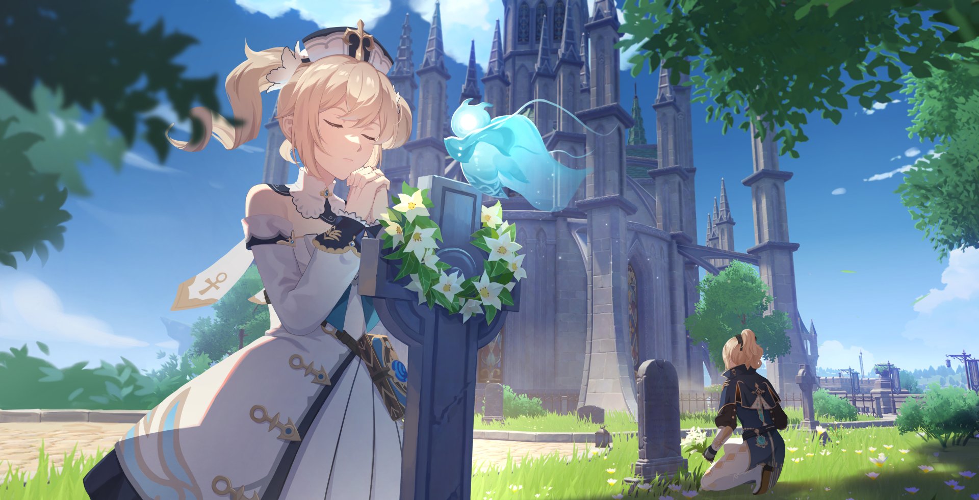 Barbara (Genshin Impact) kneels by a flower-wreathed memorial as a glowing Seelie floats nearby, cathedral spires in the background — 5K Ultra HD PC wallpaper.