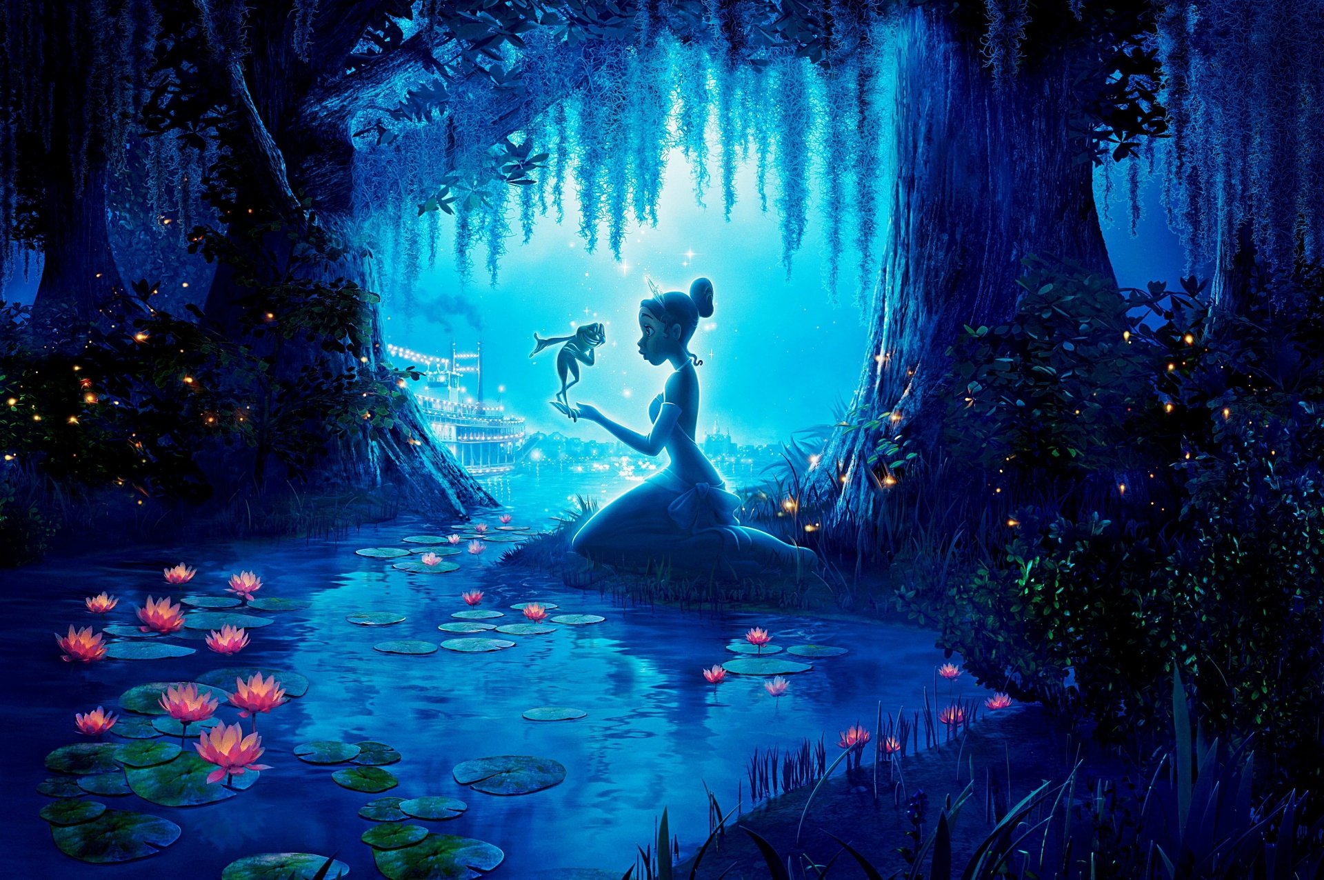 4K Ultra HD desktop wallpaper featuring Tiana from The Princess and the Frog, surrounded by glowing fireflies and water lilies in a magical, moonlit bayou scene.