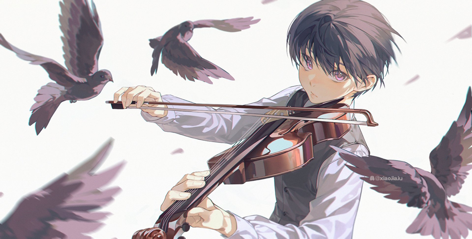 HD PC desktop wallpaper of an anime boy playing a violin while black crows circle him, soft palette and dynamic, stylized composition.