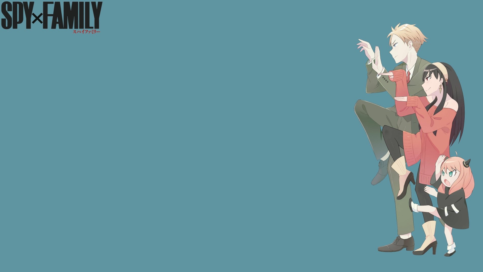 HD desktop wallpaper featuring Loid, Yor, and Anya Forger from the anime Spy x Family against a blue background, highlighting the characters in a playful pose on the right side.